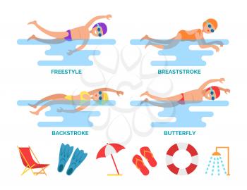 Breaststroke and backstroke, freestyle and butterfly swimming styles set. Sportive people and icons of umbrella, flippers and shower flip-flops vector