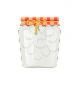 Glass jar for conservation or preservation, pickling or marinading vector illustration isolated. Empty container with rustic decorated and tied lid.