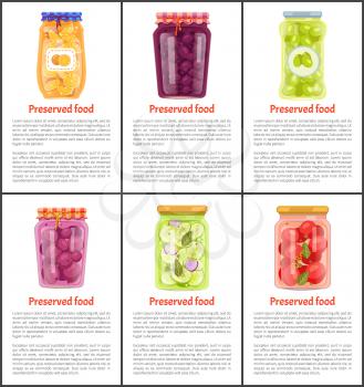 Preserved fruit and vegetables vector illustration. Orange and cherry, plum and tomato, olive and salad in glass jars, pickled container food poster