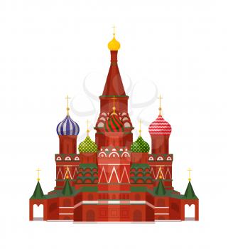 Moscow Russian St Basil cathedral with painted high domes. Orthodox church in Russia capital city. Red square place landmark icon vector illustration