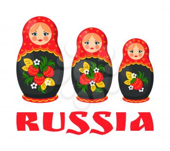 Traditional Russian wooden matryoshka. Nesting doll decorated with red and black color flower pattern. Russia culture vector illustration poster.