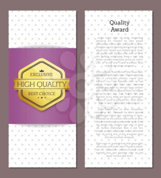 Quality award golden label with ribbon for headline. Guaranteed best offer ever. Super Clearance of royal properties posters set vector illustration