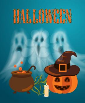 Happy Halloween pumpkin and burning candle, poster with text. Jack lantern wearing hat of witch, poison brewing in pot. Ghosts and apparitions vector
