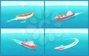 Water transport, variety of ships and boats set vector. Rowing vessel made of wooden material, motor and cruise liner. Shipments of goods and cargo