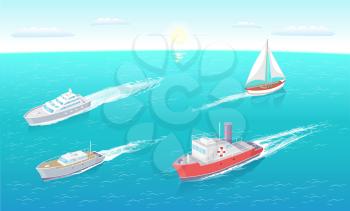 Water transport sailing boat and motor ship set of sea and ocean transportation means vector. Ferry with inflatable lifebuoy saving ring, yacht rides