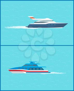 Water transport cruise liner for voyagers and sea trip vessel smaller in size set vector. Motor engine of ship transporting people to destinations
