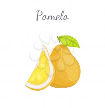 Pomelo exotic fruit whole and cut vector isolated. Tropical food, similar in appearance to grapefruit or pear, dieting vegetarian citrus with leaf