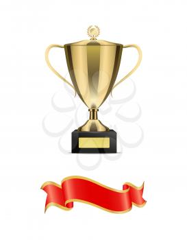 Gold award cup with figured handles and laurel wreath top decoration. Vector winner prize on pedestal with plaque and fluttered ribbon with copy space
