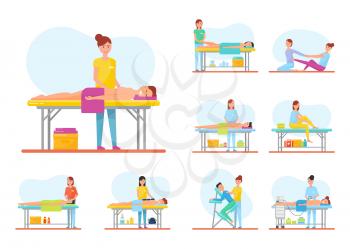 Massage relaxing treatment and stretching muscles vector set. Specialist massaging back and foot of client lying on table, makes facial procedures in spa