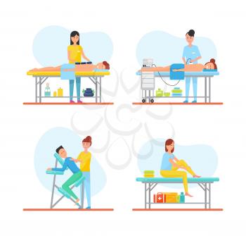 Massage techniques and methods isolated icons vector. People relaxing on tables, masseuses working using apparatus and hot stones, self care and chair