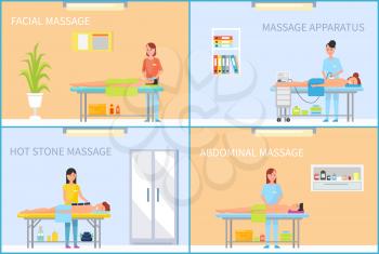 Facial and abdominal hot stone massage and apparatus for treatment. Masseuse massaging client lying on bed in cabinet cartoon set vector banner sample.