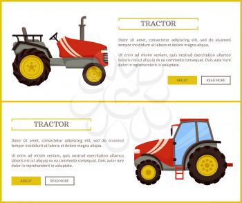 Tractor husbandry machine poster set with text sample. Machinery used in agriculture for transporting and plowing. Mechanization of farming vector