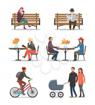 Autumn activities, fall and people spending time outdoor vector. Woman talking on cell, man reading newspaper. Family with pram and cyclist on bike