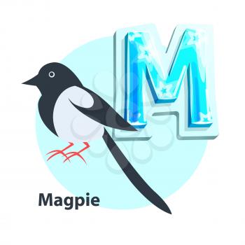 Magpie little black-and-white bird presenting M letter in english alphabet. Children ABC element with vector cartoon character and uppercase char.