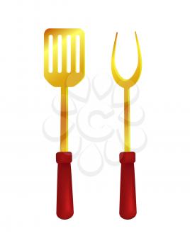 Spatula and fork tools , cutlery isolated icons set vector. Dishware with wooden handles for making grilled roasted food, barbecue flatware closeup