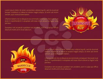 Grill party hot barbeque fest vector posters with burning badges, text sample. Fork, spatula and paddle, bbq metal grill with coals in flame sparkles