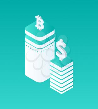 Blockchain crypto currency isolated isometric set of icons. Bitcoin and dollar logotypes on top of pedestals. Comparison of currency and rates vector