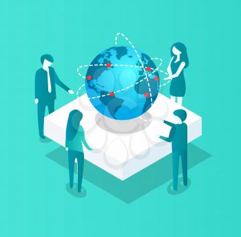 Blockchain planning strategy isometric 3d icon isolated vector. Big globe Earth planet and people discussing issues of cryptocurrency. Workers meeting