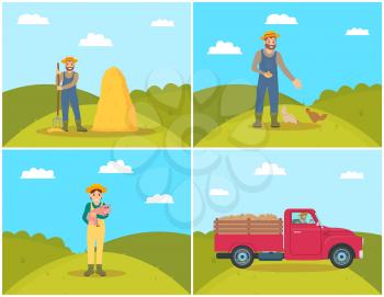 Farmer feeding chickens on hill field. Hay bale haystack and man with pitchfork standing by hayrick. Lorry transporting potatoes harvest set vector
