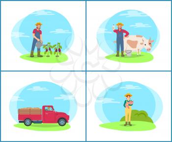 Farming people at plantation set vector. Farmer with cow cattle livestock on field, lorry transporting harvested potatoes in trailer. Woman and piglet