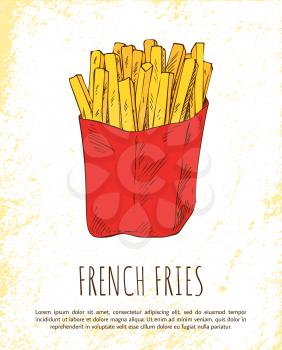 French fries in red package colorful vector card, isolated on bright background illustration of fast food, fried in oil potatoes pieces, text sample