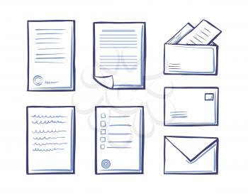 Office papers, envelopes and folders isolated icons. Signed contract with text, stamp and signature vector. Commercial documentation, messages templates
