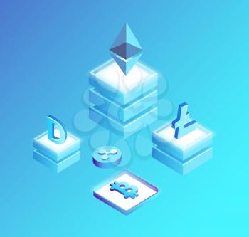 Bitcoin and dollar stable currency isolated isometric 3d icons vector. Litecoin, ethereum ripple and dogecoin cryptocurrency financial coins on platform