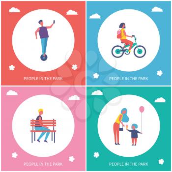 People having fun and resting in park cartoon style vector banner set. Children riding bike and on unicycle and guy sitting on bench, outdoor leisure