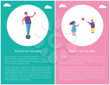 People in park poster two children playing with ball. Boy and girl spend time outdoors, vector sport activities. Man ride a segway and make selfie vector