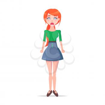 Shocked young woman illustration. Beautiful redhead girl in blouse and skirt standing with clenched fists, wide open mouth and eyes flat vector isolated on white. Frightened female cartoon character