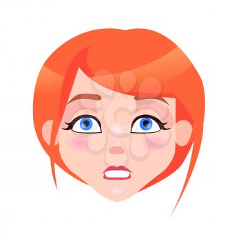 Woman angry face with pink cheeks with clenched teeth isolated on white background. Redhead girl avatar userpic in flat style design. Vector illustration of strong human emotion close up portrait
