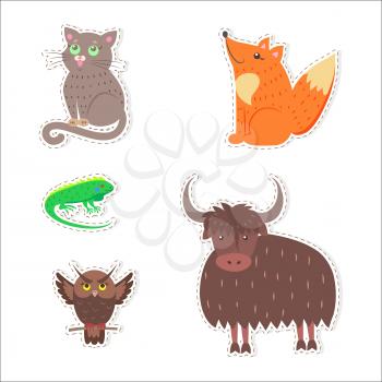 Stickers and icons set of cute wild and domestic animals - funny cat, fox, iguana, owl and yak flat vectors isolated on white. Bird, mammals and reptile illustrations outlined with dotted line