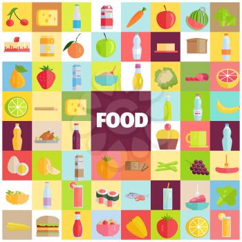 Food and drinks banner with different meals and beverages vector illustration in flat style. Grocery products, refreshing drink, organic fruits and vegetables
