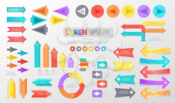 Colorful arrows for schemes and infographics small and big, long and short, in circles and rectangles vector illustrations set.