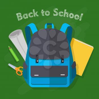 Back to school. Blue backpack with four pockets. Black pieces of cloth. School objects behind. Green pencil, white paper, yellow book, scissors. Illustration in cartoon style. Flat design. Vector