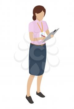Woman in dark midi skirt with name badge on yellow ribbon holding in one hand red pen, in other keeps gray tablet vector illustration