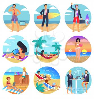 People who wear half office suits and half swimsuits work with modern devices on beach during vacation round vector illustrations set.