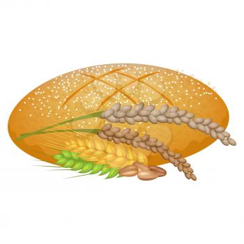 Fresh bread loaf baked of wheat with some cereal sticks nearby isolated on white. Vector colorful illustration of caloric grain product