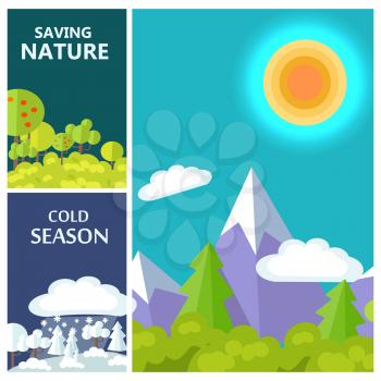 Saving nature, cold season and luxury mountains set of posters vector illustration. Save the earth banners with environmental clean landscapes