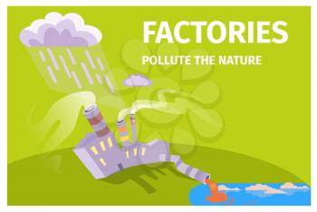 Factories pollute nature ecology themed poster with plant that dumps wastes in river and rain cloud above vector illustration.