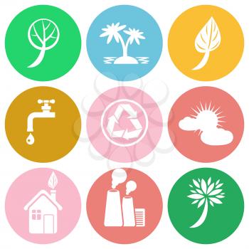 Ecology themed round colorful icons with white signs of environment protection and pollution danger vector illustrations set.
