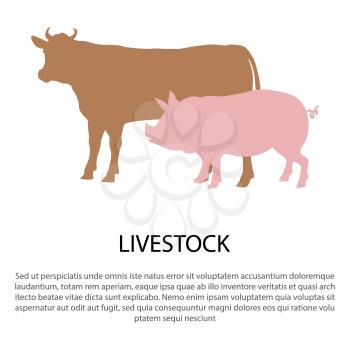 Livestock poster with pink pig and cow silhouettes vector illustration isolated on white with text. Domestic farm animals in cartoon style flat design