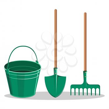 Gardening bucket, green shovel and rake isolated on white vector illustration in flat design. Instruments for working in garden on land