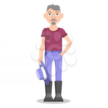 Senior farmer isolated on white stands and holds blue round hat. Vector illustration of agriculturist in violet t-shirt, black boots