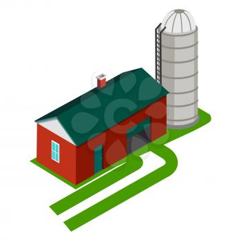 Cereal silo and storages house vector illustration isolated on white. Metal grain storage building and farmhouse in flat design on green grass