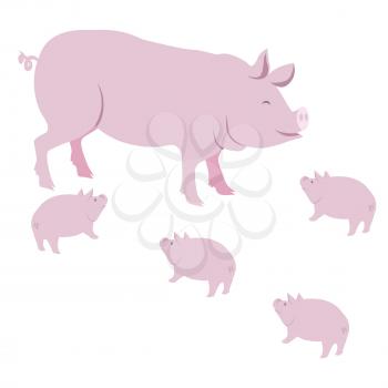 Pink pig with small piggies vector illustration isolated on white background. Domestic farm animals in cartoon style flat design piggy or swine mammal