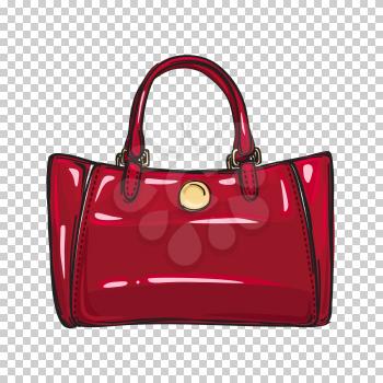 Fashionable red women bag with gold clasp isolated on transparent background. Fashionable accessory for chic, elegant and casual outfits. Vector illustration of spacious and glamorous handbag.