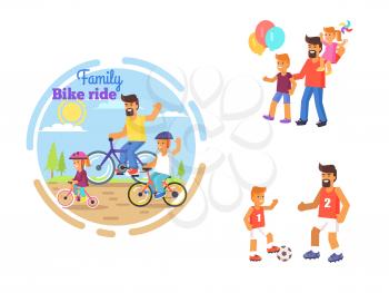 Fathers day greeting card with dad and children riding bike, playing football, visiting amusement park. Vector illustration of daily family activities in circles