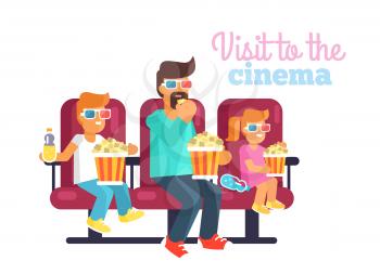 Visit to cinema with father poster. Redhead daughter, teen son and dad in glasses watching an interesting film together vector illustration