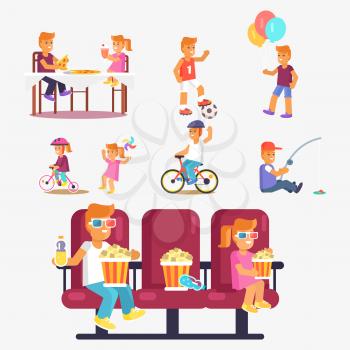 Entertaining children in cinema with popcorn, riding bikes, fishing, playing football, eating out pizza dish vector poster